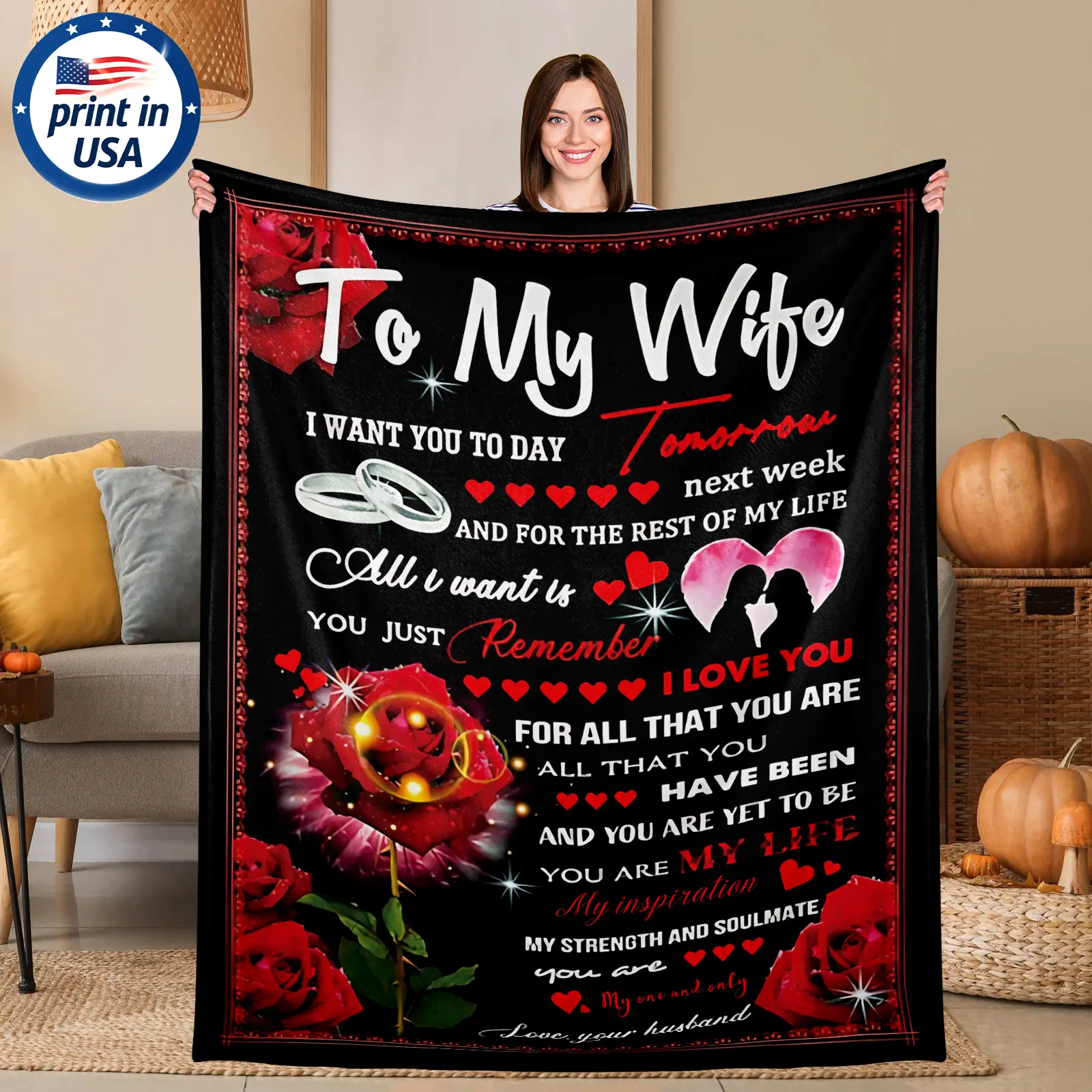 Flannel Throw Blanket with Romantic To My Wife Love Letter Design, Ultra Soft Cozy Warm Comfortable Lightweight Portable for Bedroom Couch, Heartfelt Gift for Wife from Husband on Anniversary Valentine's Day
