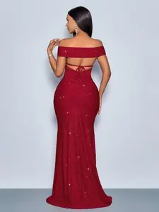 Suitable For Christmas Party Vacation & Dating Elegant Burgundy Elegant Twisted Off Shoulder Backless Strap High Slit Mermaid Dress With Metallic Sheen