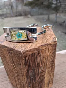 Upcycled Watch Turquoise & Yellow Pressed Flower  Bracelet