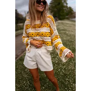 EASY CLOTHES Women's Cotton Long-Sleeve Ecru and Yellow Crochet Taylor Blouse, Women's Top