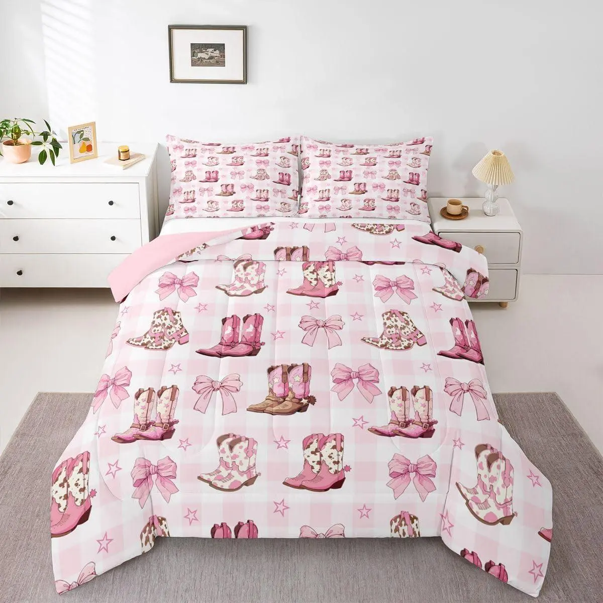Pink Cowgirl Boots Bow Bedding Set | Coquette Western Cowgirl Bow Tie Comforter Set,Pink Bows Cow Print Quilt,Cute Bowtie Bedroom Decor
