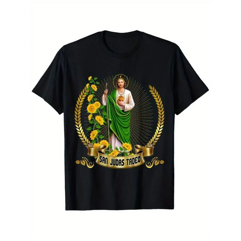 Men's Plus Size San Judas Tadeo Graphic T-Shirt - Classic Menswear, Relaxed Fit Short-Sleeve, Breathable 100% Cotton Comfy Casual Crewneck Top, Tee, Round Neck, Shortsleeve, Soft