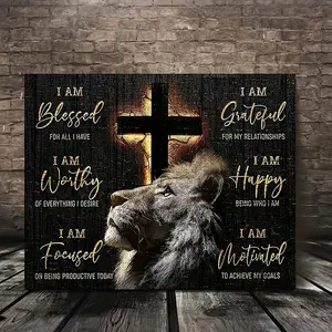 1pc Wooden Framed Elegant Black Blessed Lion Canvas Art- Inspirational Religious Quote Painting, Majestic Wall Decor for Bedroom, Living Room, or Office, Ready-to-Hang with Powerful Spiritual Message, Perfect Gift for Him or Her
