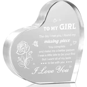 Transparent Laser-Engraved Heart-Shaped Acrylic Block Sign, 3.9 in Small Sturdy Box, Love Message Home Decor, Romantic Birthday Gift for Girlfriend