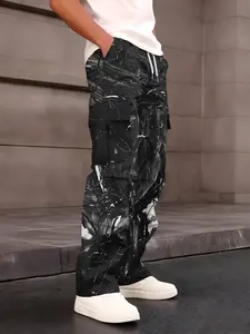 One-piece ink texture marble pattern men's cargo pants with cool and personalized style and multi-pocket design Casual Fashion Pants