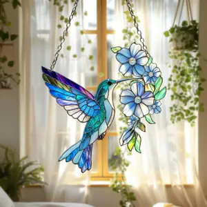Hummingbird Suncatcher Acrylic Window Hanging – Blue Stained Glass Style Bird with Flowers – Sun Catcher Home Decor Gift for Nature Lovers