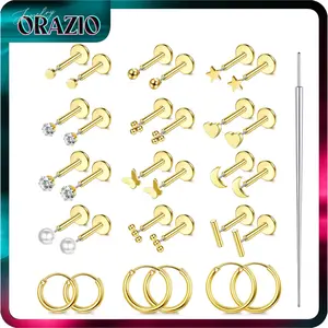 ORAZIO Small Flat Back Earrings Push in Studs for Women Men Hypoallergenic 14K Gold Plated Surgical Steel Threadless Hoop Cartilage Set for Multiple Piercings