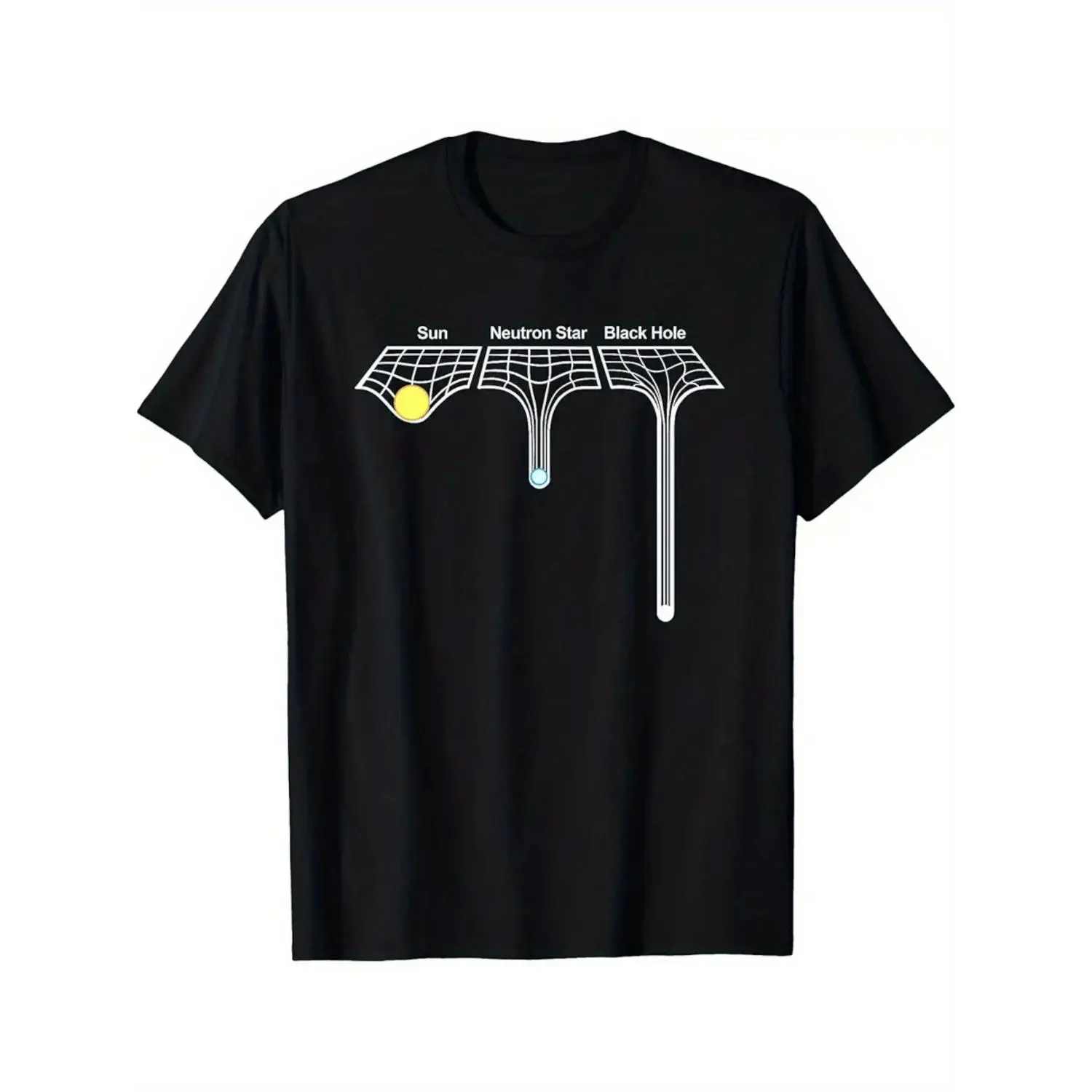 Astronomy & Physics "S" T-Shirt - Black with White Space-themed Print Featuring Neutron Stars, Black Holes, and the Sun. This Casual Short-sleeve Crewneck Tee Is Perfect for Astronomy and Physics Enthusiasts. Machine Washable. Available in Multiple