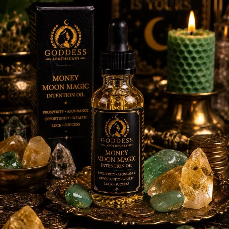 Goddess Apothecary Money Moon Magic Intention Blend Essential Oil - Healthy Woody Fragrance Freshener, Aromatherapy Tool, Wellness Support Popular Herbal Exclusive Ritual body massage Solar Plexus home care