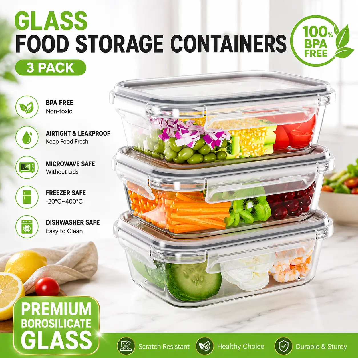 Premium glass food storage containers, 3-pack, stackable square design with airtight lids; rectangular shape; oven-, microwave-, and freezer-safe; durable at high temperatures; kitchen utensils #SummerVibes