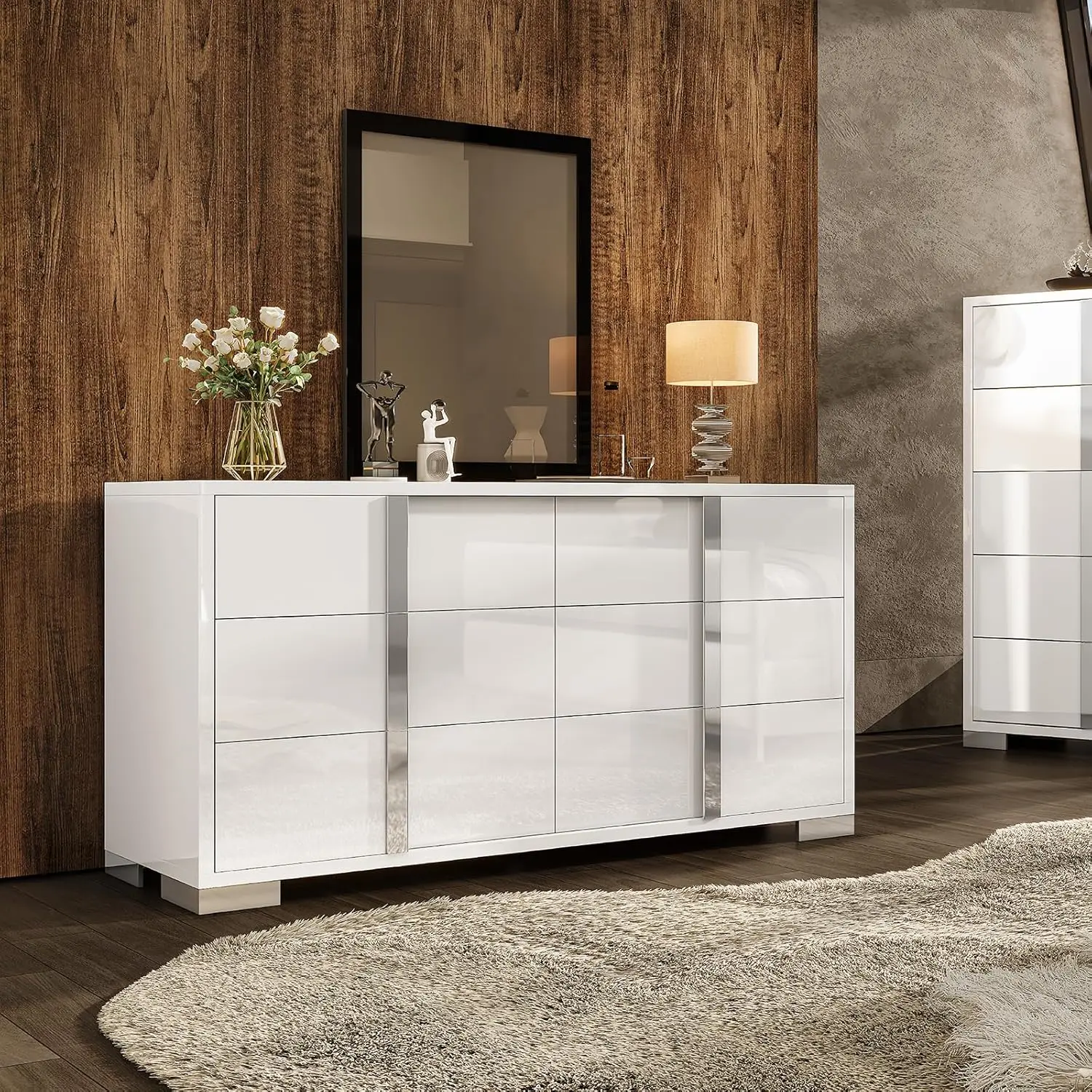 AMERLIFE 5/6 Drawers Dressers with Silver Grooved Handles, Modern Storage Chest of Drawers with Wide Tabletop, for Bedroom/Dressing Room/Living Room,Best Gift Ideas/Christmas Gifts