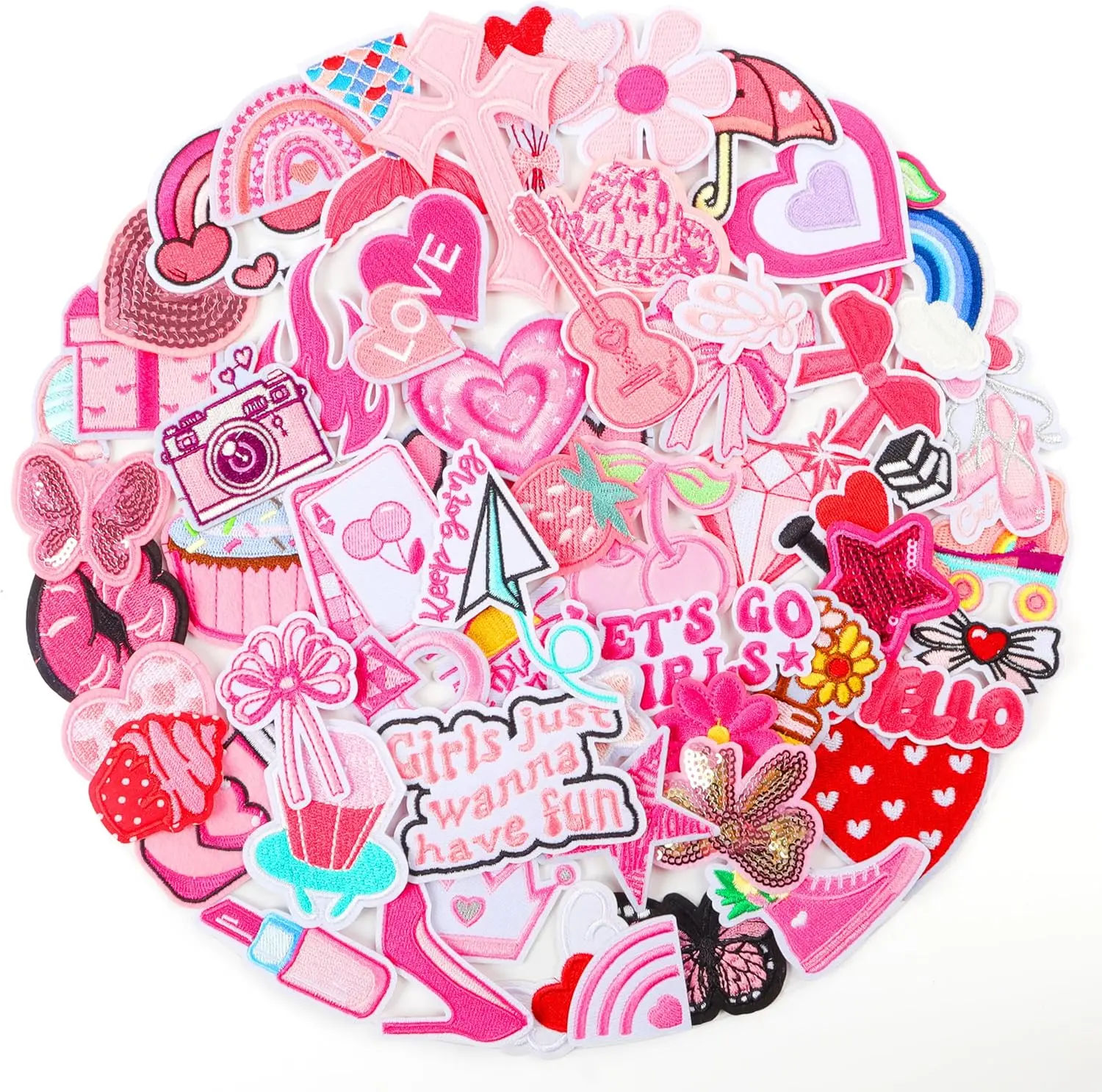 60PCS Pink Vintage Style Iron-On Embroidered Patches for Girls - Hot Melt Embroidery Craft Decor, DIY Decor Appliques for Backpacks, Outdoor Wear Clothing Accessories