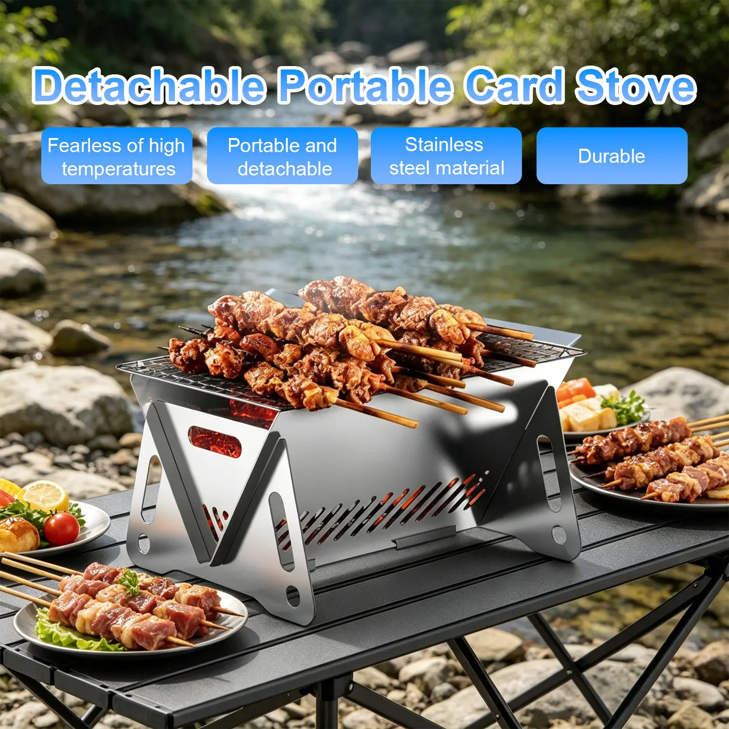 Portable Stainless Steel Tabletop Charcoal Grill, Foldable Design，Detachable Foldable Mini BBQ for Camping, Picnics, Tailgating, Backyard Cookouts & Small Groups,Portable BBQ, Charcoal Grills BBQ