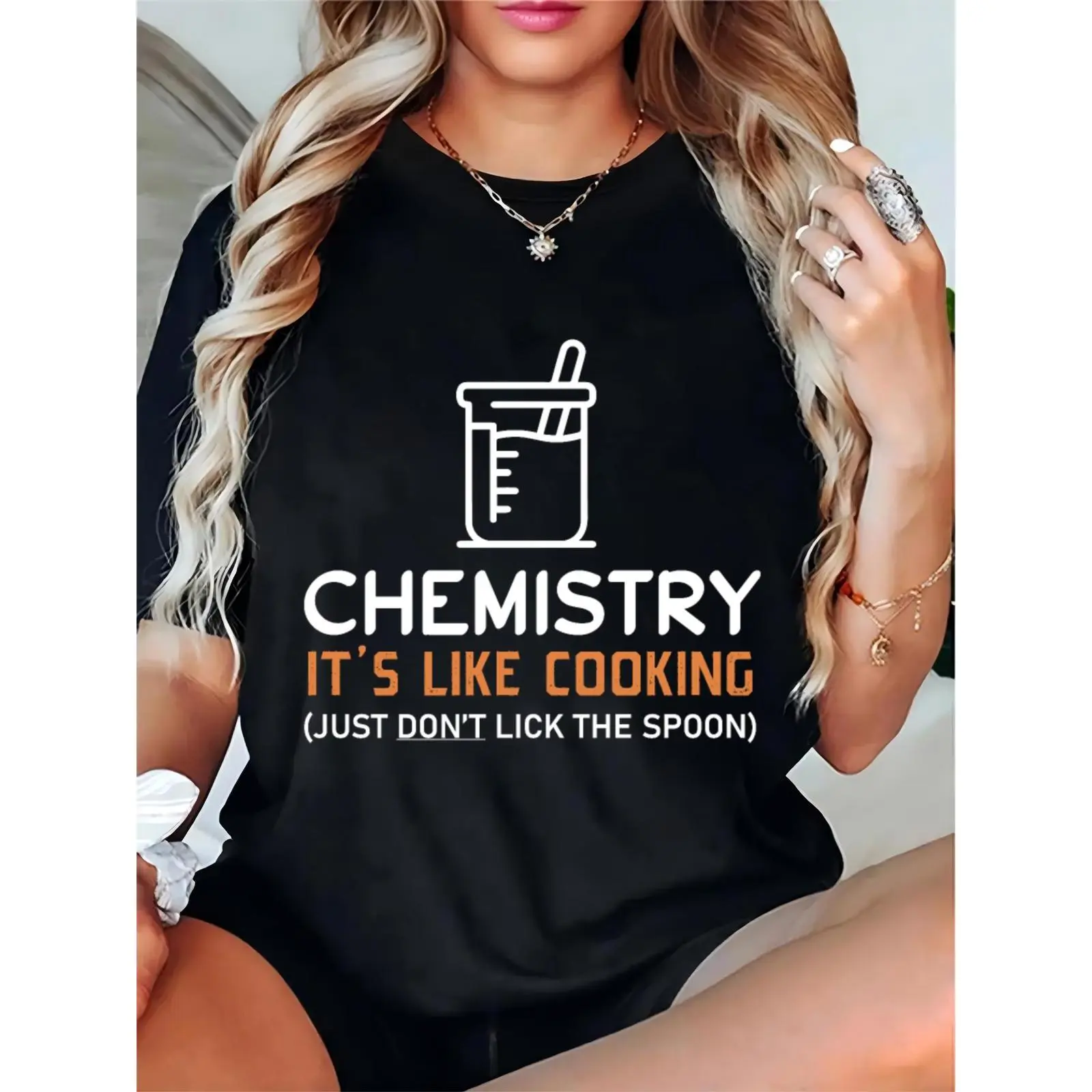 Women’s Comfortable Feminine Fit Funny Chemistry Beaker Graphic T-Shirt - Ladies' Essential Short-Sleeve Tee for Science Lovers, Casual Chemistry Cooking Humor Top for Daily Wear