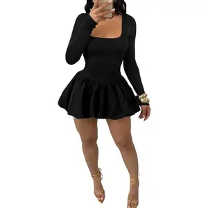 Women Bubble Mini Dress Party Clubwear Square Neck Long Sleeve Cute Puffy(Sheets)