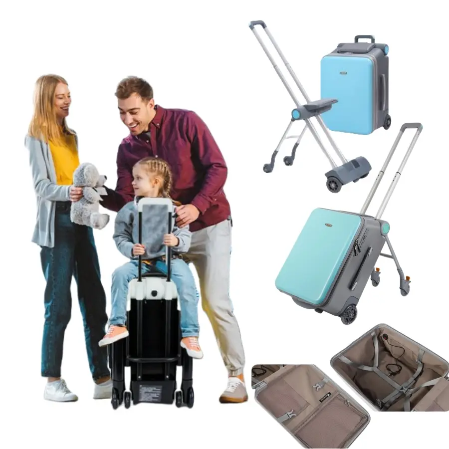 Kids Ride-Assisted Luggage, Hardside Suitcase - Cute Lightweight Kids Luggage sets with Spinner Wheels, Bold Aluminum Alloy Makings with Auxiliary Child Seat Design,20'' Hardside Carry Luggage for Travel-Fun LED Lights Traveling Families Durability suit