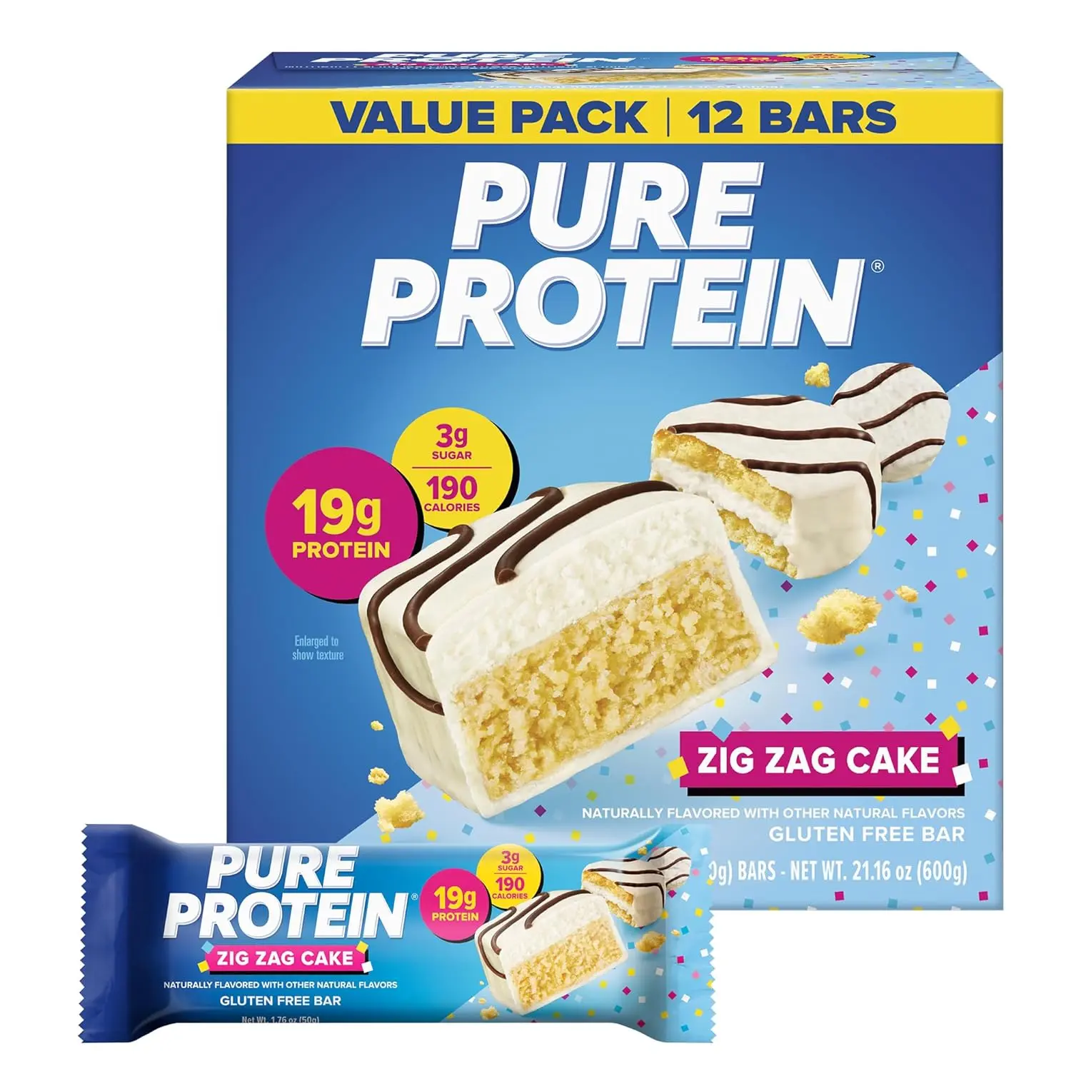 Pure Protein Zig Zag Cake Bars - 12 Count Individual Wrap Vanilla Fudge, 19g Protein, 3g Sugar, 190 Calories, Low Sugar* Gluten-Free Nutritious Snack