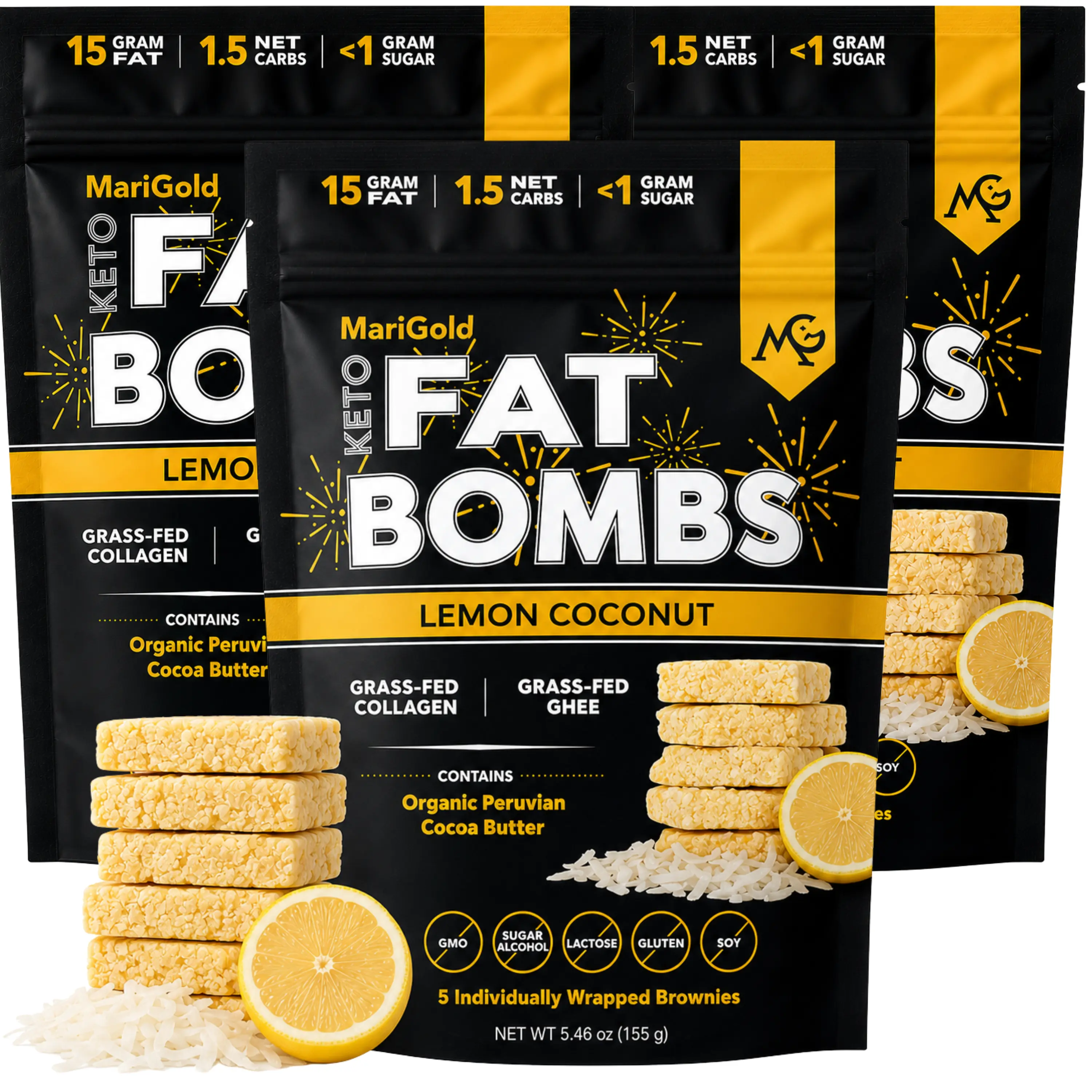 MariGold Keto Fat Bombs - Lemon Coconut - 3 PACK (15 Bars) - Low Carb/Collagen Rich, Low Sugar, Grass-fed Ghee, Organic Cocoa Butter, Gluten-Free, Non-GMO, Protein Snacks