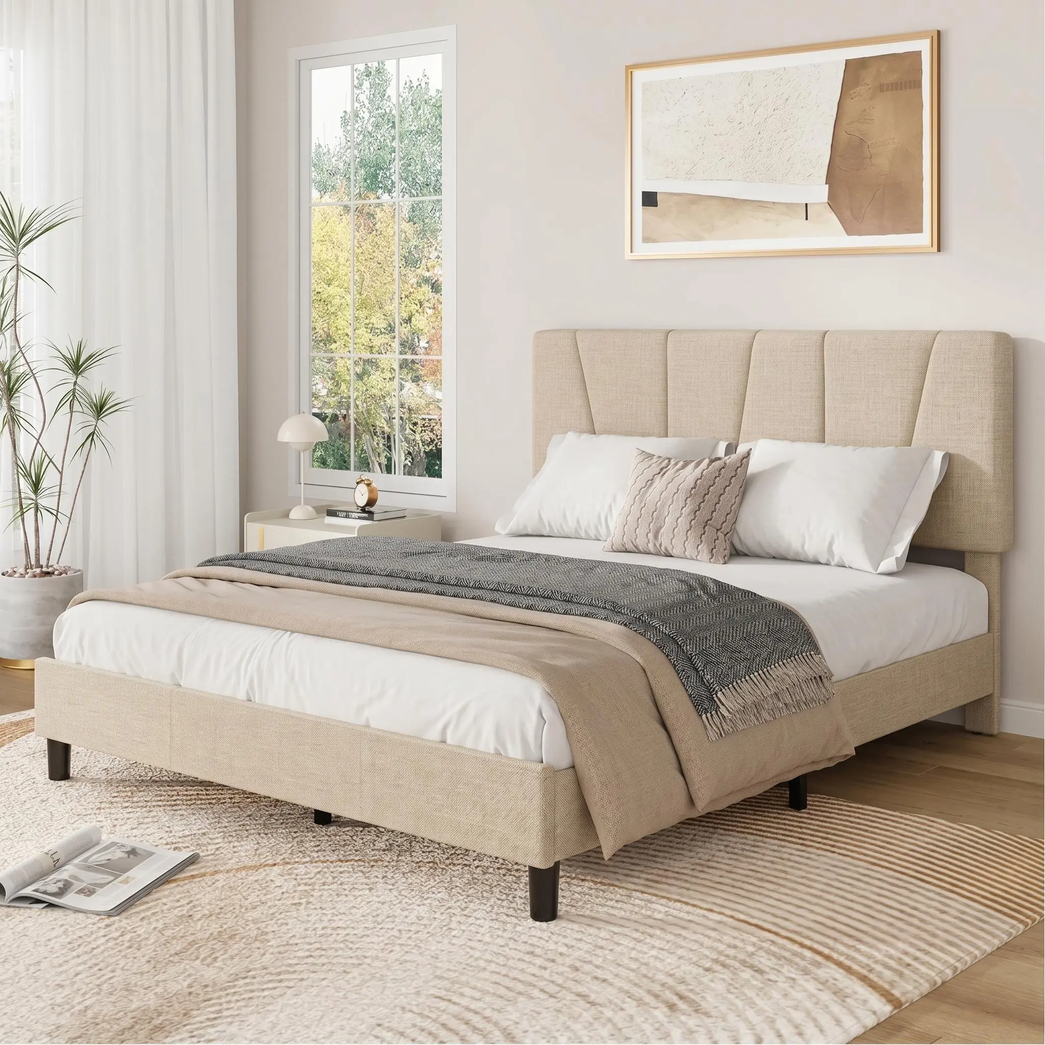 Upholstered Platform Bed Frame with Adjustable Headboard for Kids and Adults, Fits 8-14 Inch Mattress, Heavy Duty Bed Frame with Wooden Slats Support, Noise-Free, Non-slip, No Box Spring Needed, Beige/Grey/Pink-Twin/Full/Queen/King