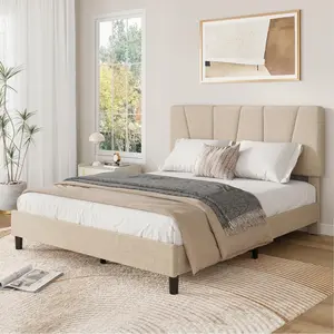 Upholstered Platform Bed Frame with Adjustable Headboard for Kids and Adults, Fits 8-14 Inch Mattress, Heavy Duty Bed Frame with Wooden Slats Support, Noise-Free, Non-slip, No Box Spring Needed, Beige/Grey/Pink-Twin/Full/Queen/King