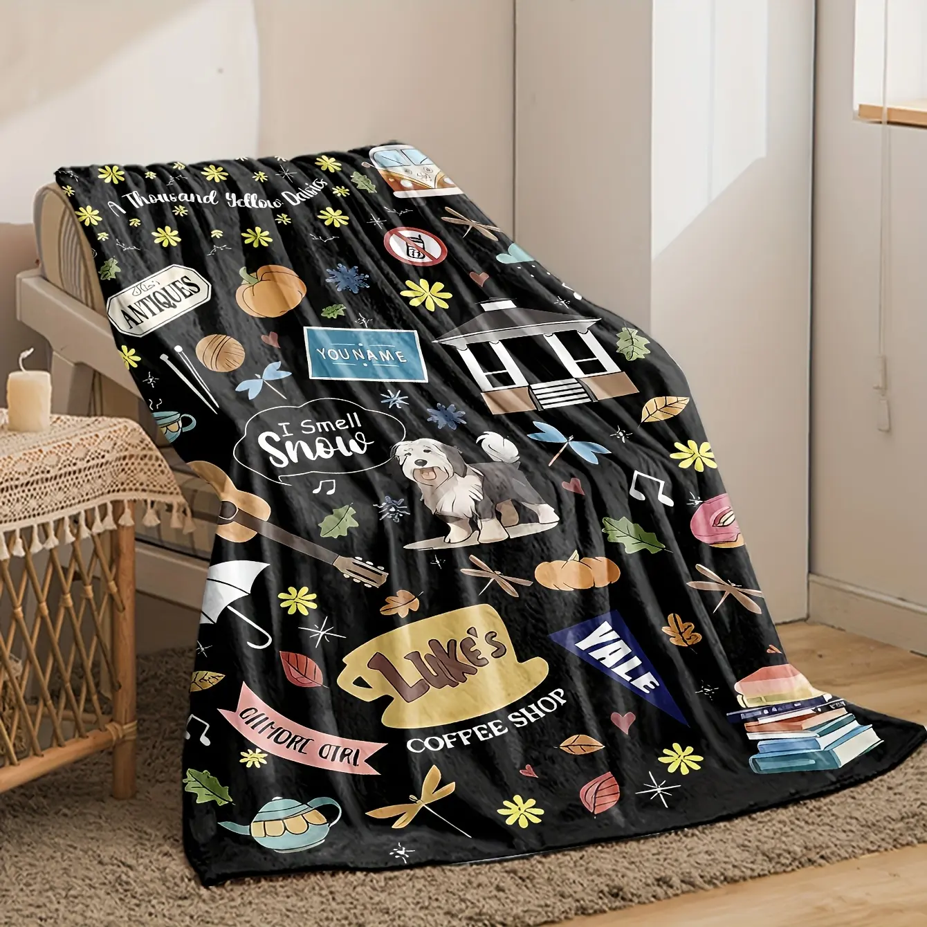 1pc 280GSM Soft Flannel Throw Blanket - Gilmore Girls Collegiate Slogan Print, Retro Glam, Wrinkle Resistant, Durable, Fade Resistant, Warm Small Sofa Cover, Ideal Gift for Friends, Slogan Print Blanket, Fading Proof