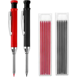 2 Pack Carpenter Pencils Mechanical Pencils with 12 Refills, Upgraded Construction Pencils with Built-in Sharpener, Woodworking Marking Tools Pencil Markers with Metal Clip for Architect (2 Colors)