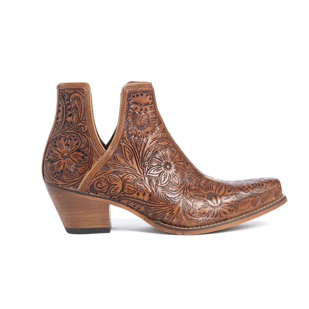 Women's Classic Stylish Dakota Charm Hand-Tooled Caramel Cowgirl Booties - Women's Shoe, Footwear