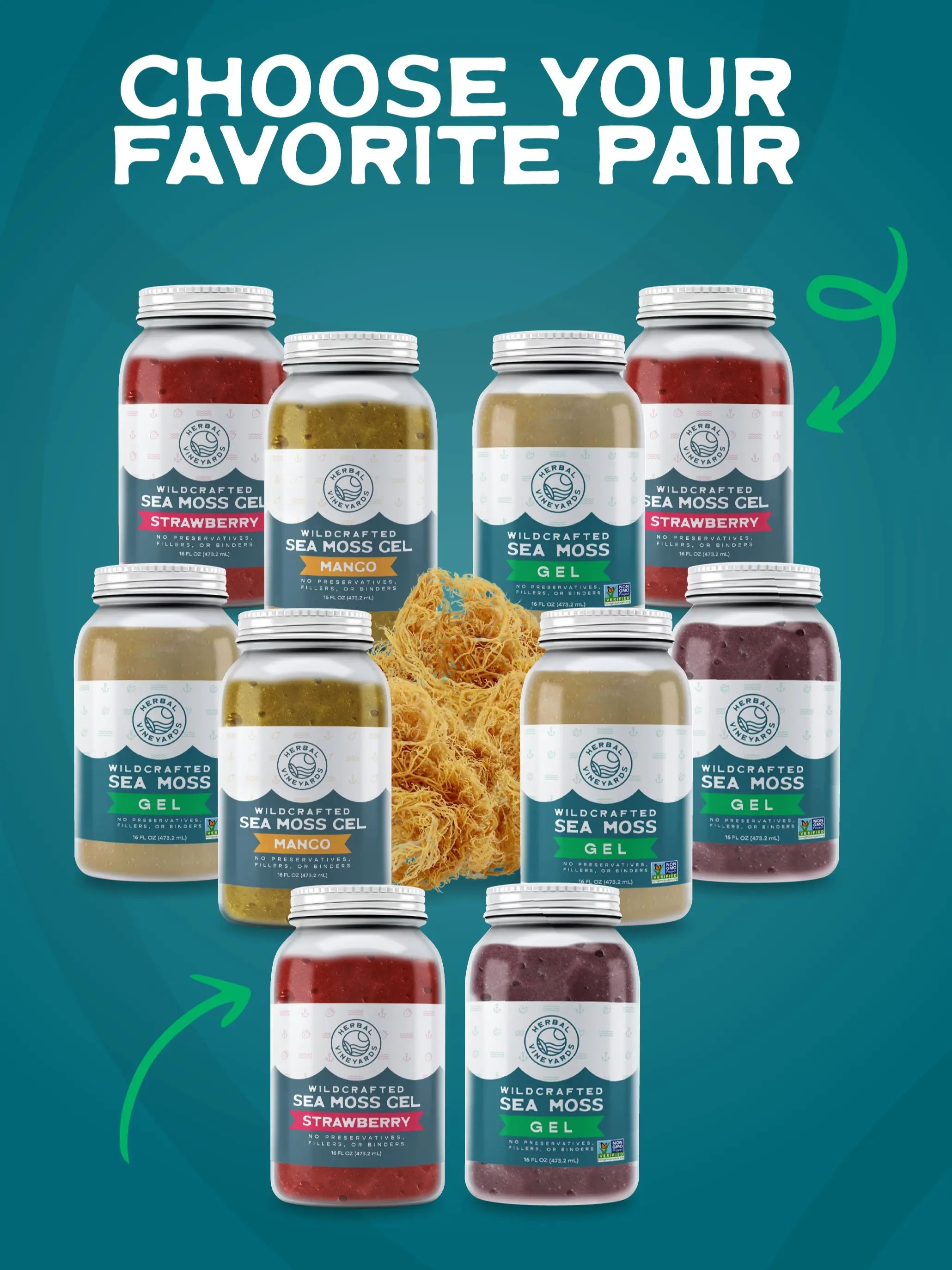 Herbal Vineyards Wildcrafted Sea Moss Gel Bundle – 2 Jars (Mix & Match Flavors) – Organic, Vegan, Non-GMO – Ships Cold & Fresh Edible Dietary Supplement Natural