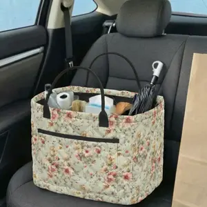 【Free Ship】Floral Storage Basket for Car Interior, Quilted Auto Storage Organization with Handle, Foldable Durable Mom Storage Pouch for Picnic Shopping Car Desktop Decor