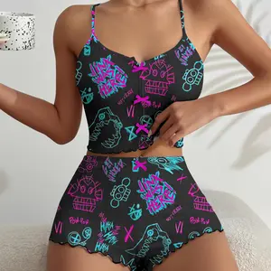 Graffiti Arcane Bow Detail Ribbed Knit Pajama Set For Women - SHESHOW