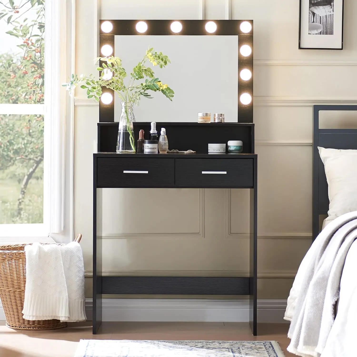 Vanity Desk with Mirror & Lights, Dressing Table Large Drawer, 2-Tier Storage, 3-Color Lighting Modes, Adjustable Brightness, Makeup Station for Bedroom, Black
