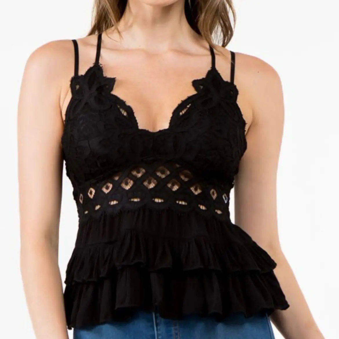 The Sweetheart Cami Lace Ruffled Tank Top- Womenswear