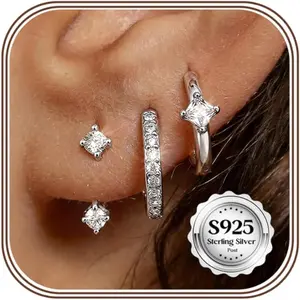 3 Pairs Huggie Hoop Earrings Set for Women Hypoallergenic Stack Earrings with S925 Sterling Silver Posts for Multiple Piercing Cartilage Helix Tragus CZ Silver Tone Earrings