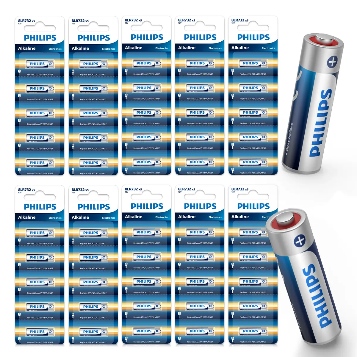 PHILIPS 27A 12V Batteries 50 Pack, Long-Lasting 12 Volt A27 Alkaline Battery for Key Fobs, Car Alarms, Garage & Gate Remotes and Doorbells