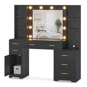 Sikaic 48.8" LED Lighted Makeup Vanity with Large Mirror & Charging Station Modern Black Dresser with 6 Drawers & Adjustable Shelves for Beauty Enthusiasts
