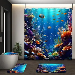 1/4pcs Underwater World Pattern Shower Curtain Set, including shower curtain, toilet seat cover, rectangular mat, and U-shaped mat, perfect for bathroom décor, beautifying the space. Comes with 12 shower curtain hooks. Bathroom Supplies