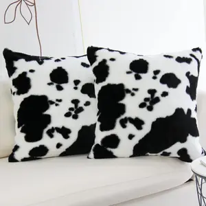 Cowhide Throw Pillow Covers Farmhouse   Soft Cozy Fleece Flurry Cushion Case Cow  Faux  Pillowcases for Couch Bedroom Set of 2 18 x 18 Inch Black