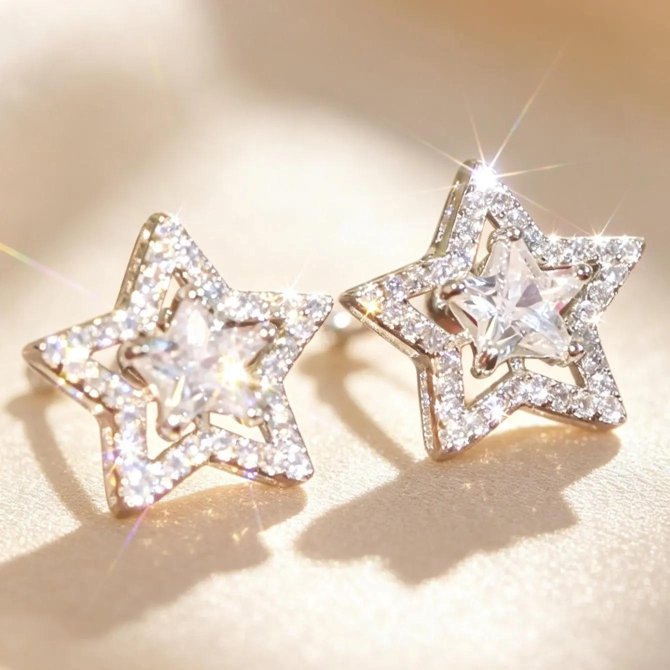 Women's Double-Layer Star Stud Earrings, Gold/Silver Tone, Central Stone, Pave Crystal Accents, Aesthetic Celestial Jewelry for Daily Wear, Earrings For Women