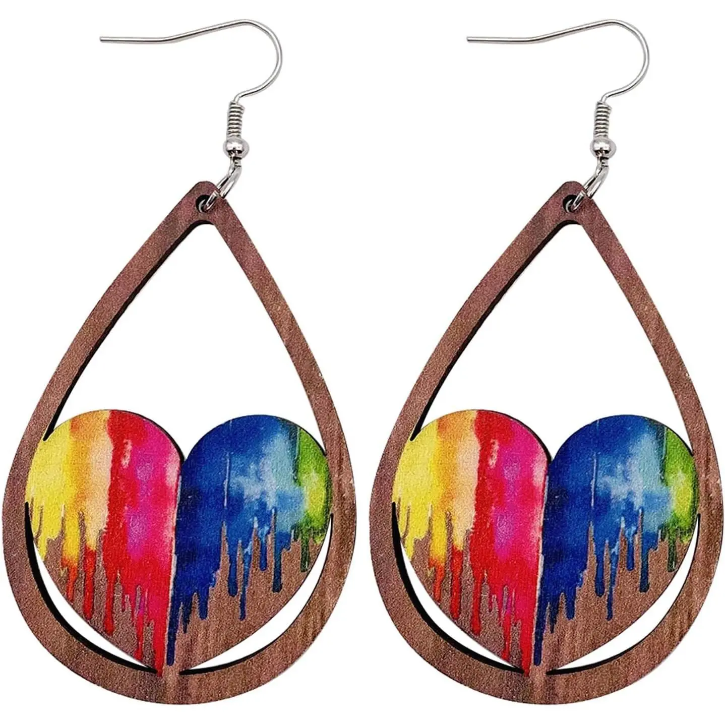 Rainbow Heart Flag Love LGBT Wooden Dangle Earrings Colorful Pride  Earrings for Women Girls