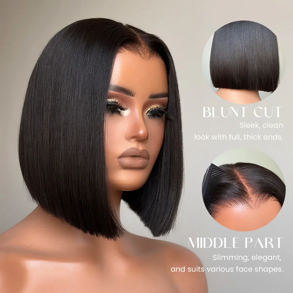SUKI ORIGINAL Update 250% Density Free Part Short Bob 7x5 HD Lace Silky Straight Wig 180% Natural Black Deep Part Lace Glueless Human Hair Pre Plucked with Natural Hairline