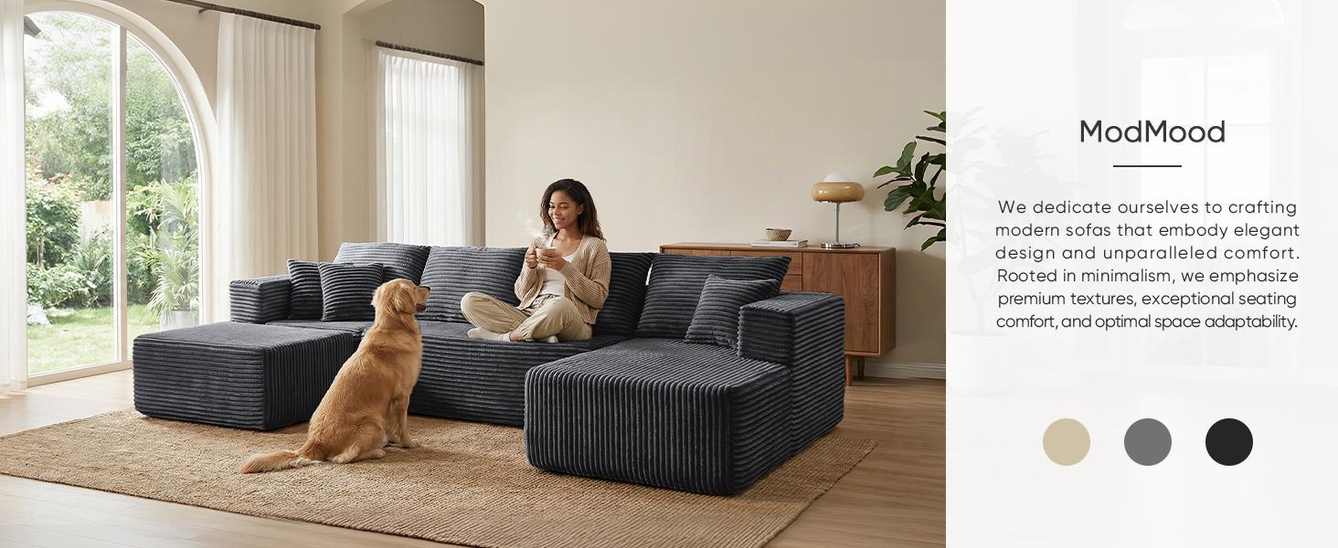 【2 Packages Shipping】MODMOOD 133" Plush Corduroy Cloud Velvet Modular Boneless Couch with Chaise & Ottoman, No Assembly Required - L/U-Shaped Sectional Sofa Set with Flexible Configuration - 133"W x 69.5"D x 30"H, 5 Seater