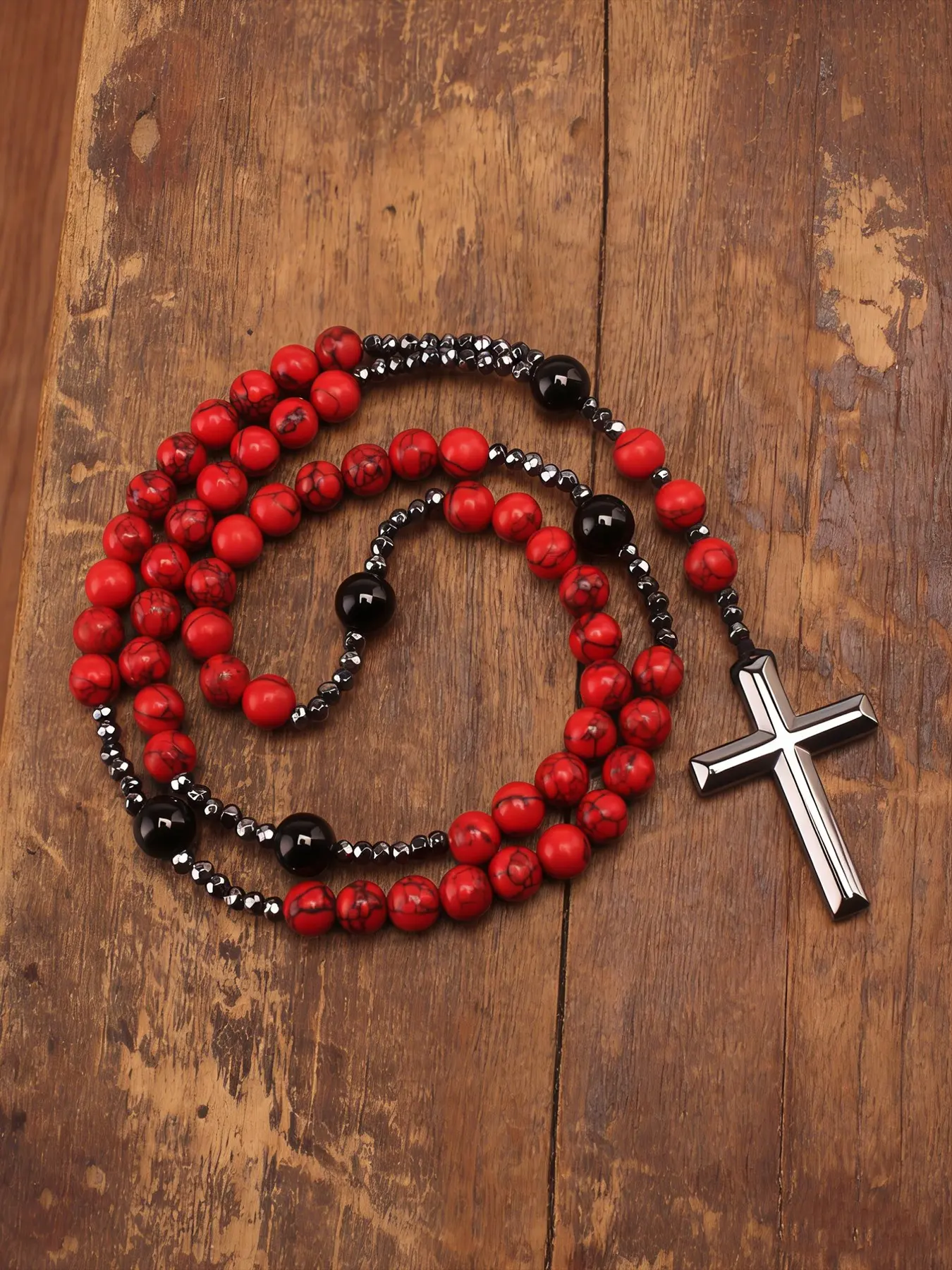 Bohemian Beaded Cross Pendant Necklace, Unisex Jewelry, Boho Style Jewelry, 8mm Round Beads, Rosary Style, Perfect for Men and Women, Jewelry Gifts, Cross Necklaces