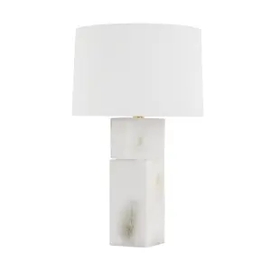 Brockton Table Lamp - Retro Design with Squared Spanish Alabaster Body and Flared Linen Drum Shade