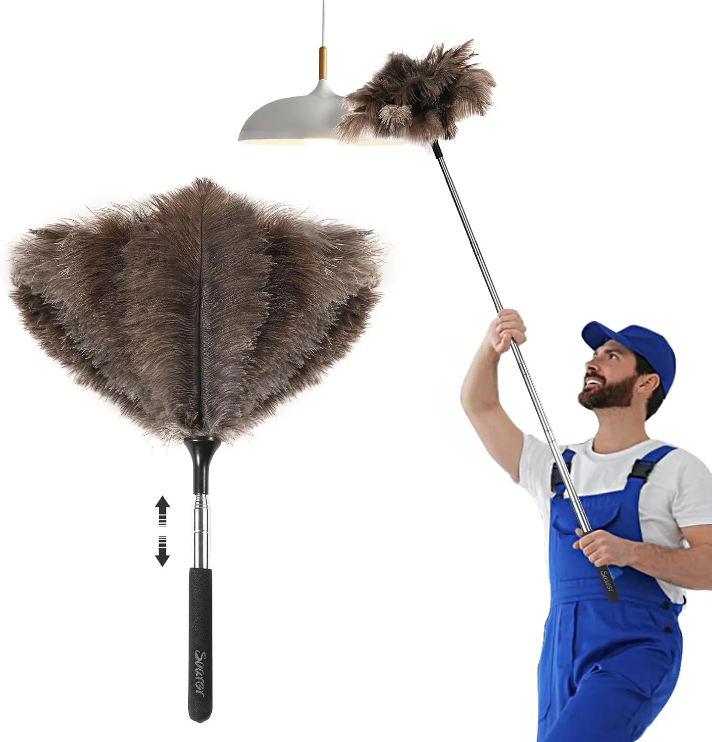 Extendable Ostrich Feather Duster - 40 inches Fluffy Long Handle Reusable Feather Duster for Cleaning Ceiling Fan,Pendant lamp, High Ceiling, Blinds, Furniture