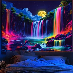 Blacklight Fantasy Waterfall Moon Tapestry, UV Reactive Nature Tapestry Neon Landscape Mountain Rainbow Wave Tapestry Wall Hanging Tapestries for Bedroom, Living Room