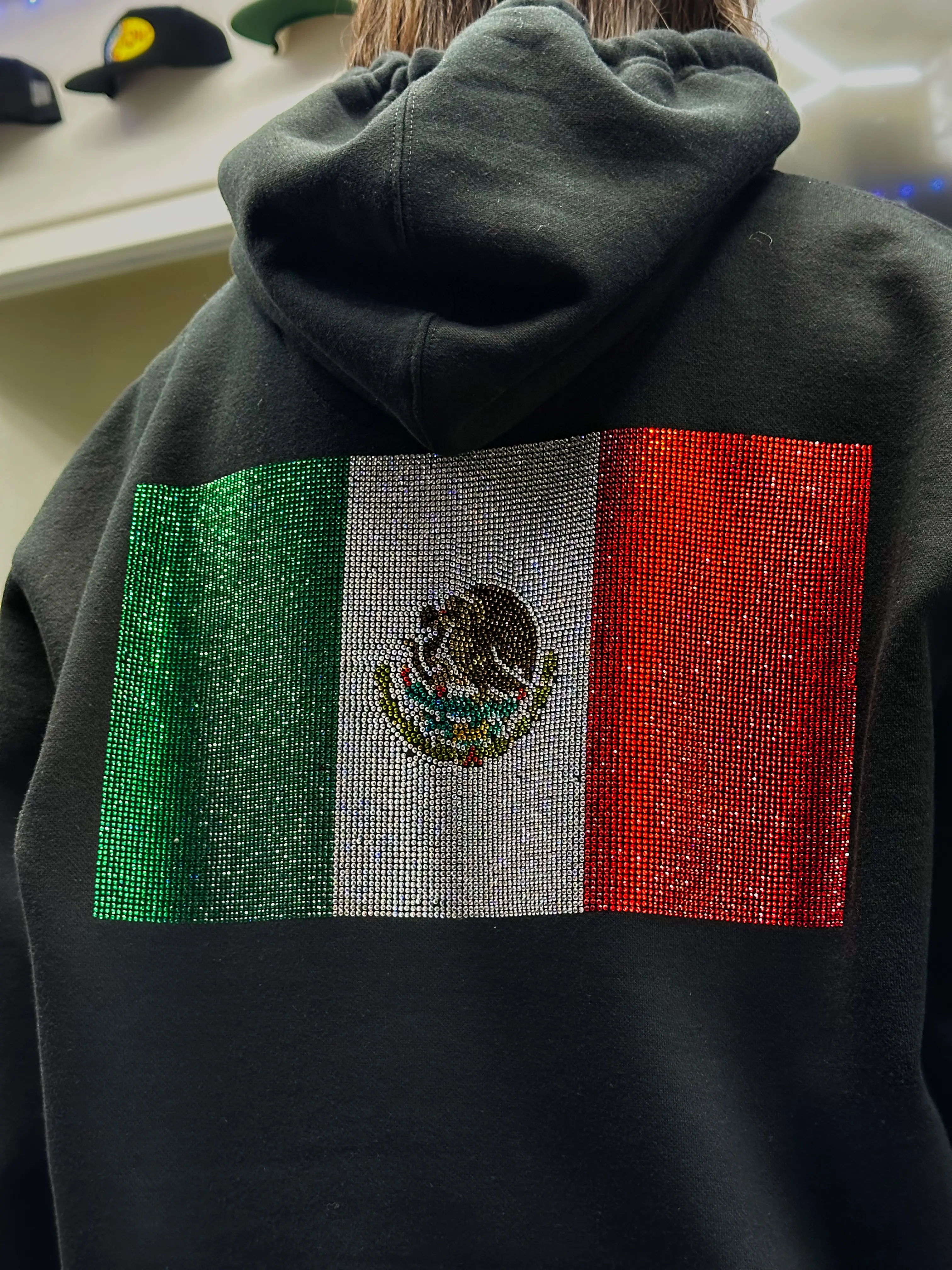 Unisex Mexico Flag Rhinestones Cotton Hoodie - S,M,L,XL,XXL Casual Wear Pullover, Soft Athletic Long Sleeve Loose Fit Style Top for Everyday Elegance