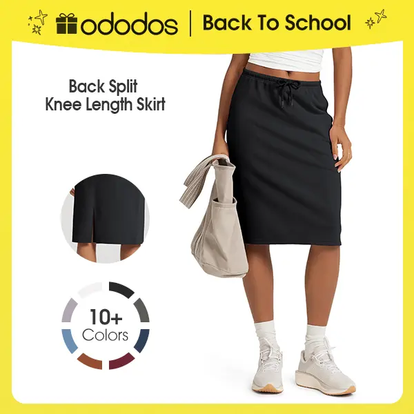 ODODOS Women's Back Split Knee-Length Cotton French Terry Skirt - Imported, High Waist, Mid Waist, Mid-High Rise, Drawstring Tie, Pockets, Business Casual, Machine Wash Casual Skirt, Business Casual Skirts Chic Fit