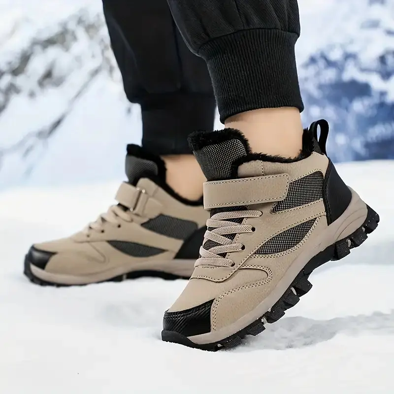 Boys' Male Winter Hiking Boots - Adjustable Hook-and-Loop Closure, Thermal Insulation, Non-Slip TPR Sole, Mid-Calf Snow Boots, All-Terrain Traction for Outdoor Camping Adventures, Cotton, Acrylic, Silk, Warmth