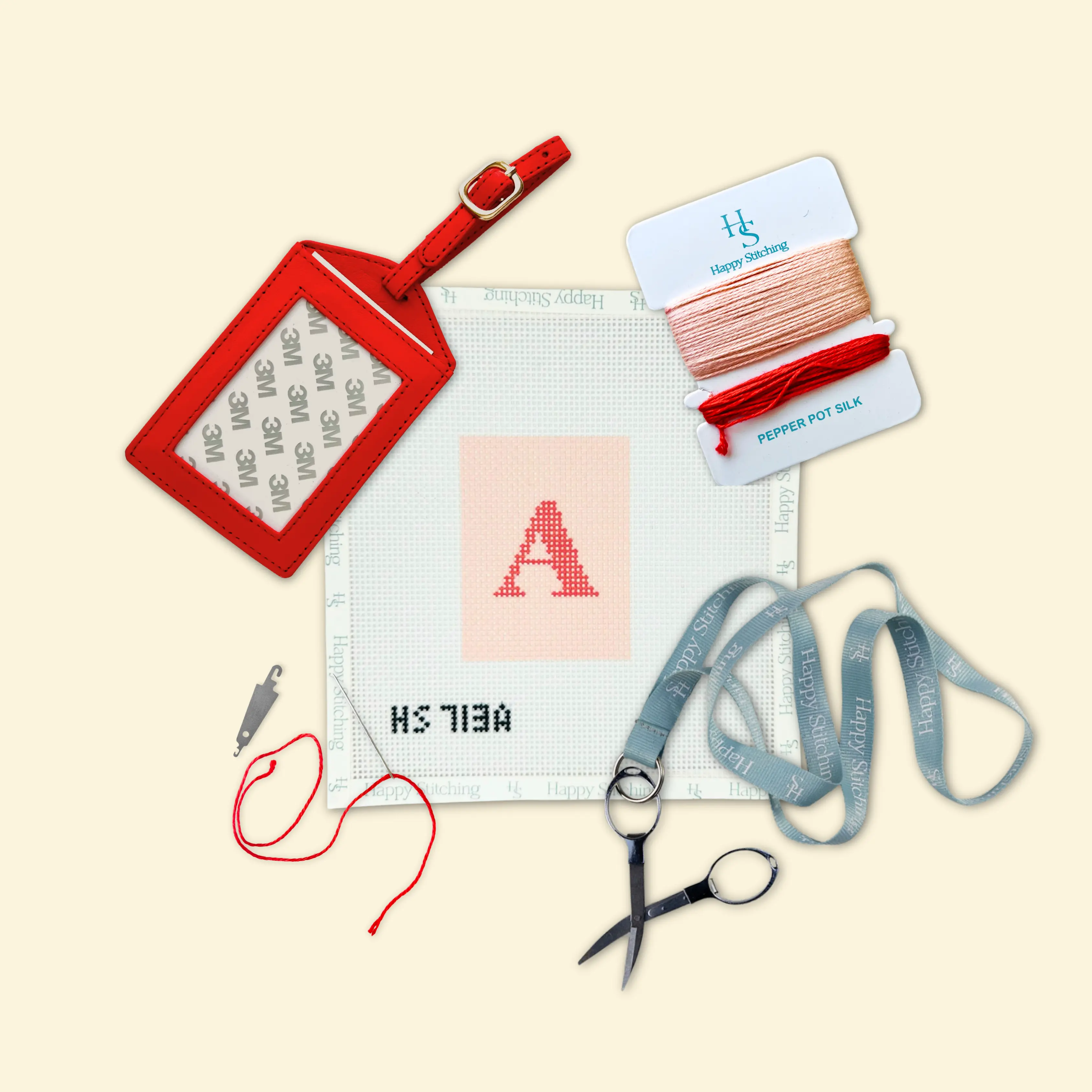 Happy Stitching - Our Initial Thought Luggage Tag Needlepoint Kit - All-in-One, Self-Finish Needlepoint Kit - Monogram Craft Kit