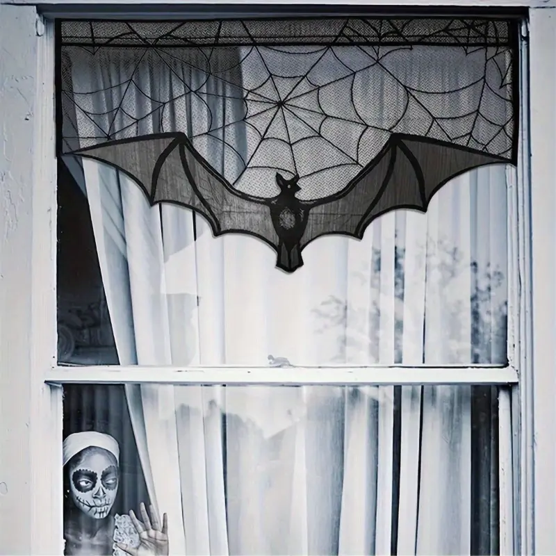 1pc Halloween theme lace curtains, black bat tablecloth, home room, spider web decoration, Festive Decoration, Party Decoration, Holiday Decor